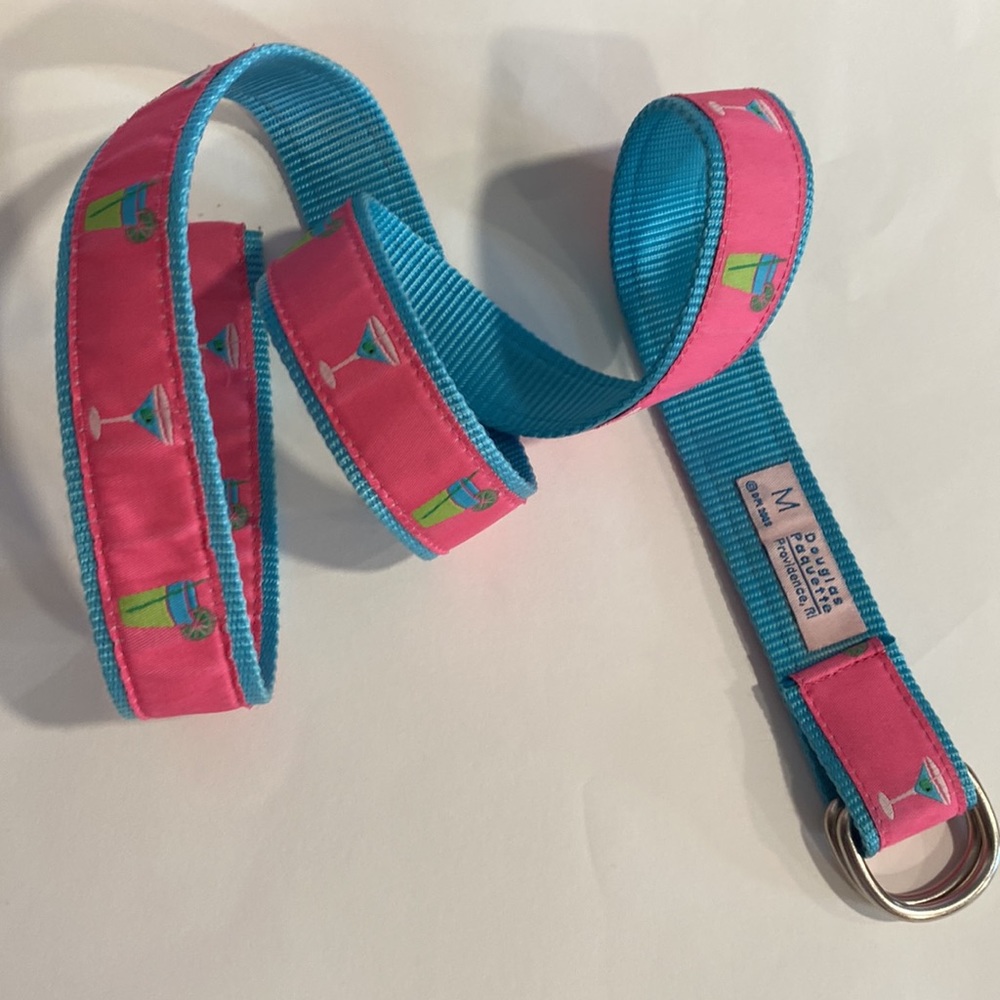 Douglas Paquette Belt Jacquard Ribbon D Ring Pink Cocktails Drinks Size M - Picture 1 of 8
